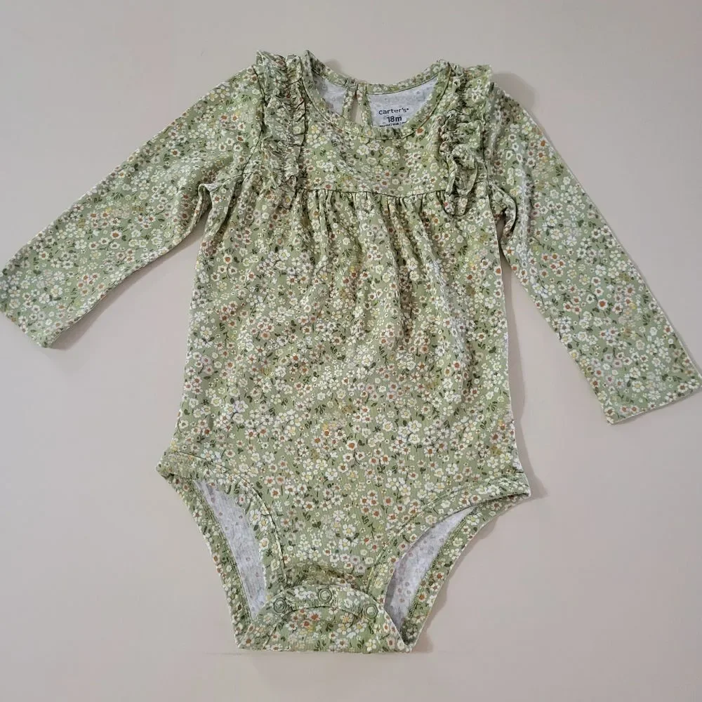 Carter's Green Floral Long Sleeve Ruffled Onesie Baby Outfit